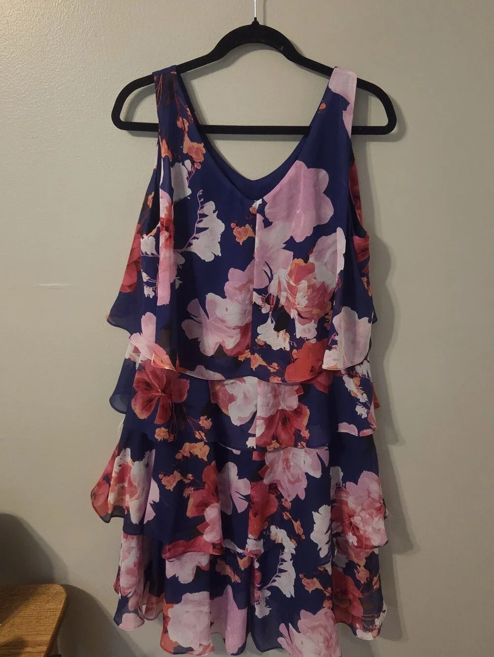 SLNY Blue Multicolor Ruffle Sleeveless Party Dinner Evening Dress Sz 16 Zip - Picture 2 of 6